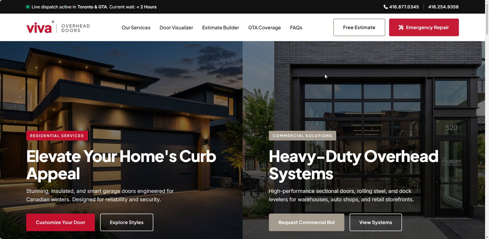 Viva Overhead Doors website built by Mooka Marketing